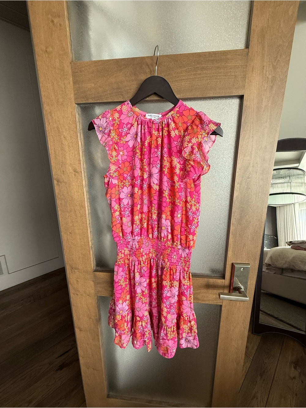Ramy Brook Pink and Orange Floral Ruffle-Sleeve Dress